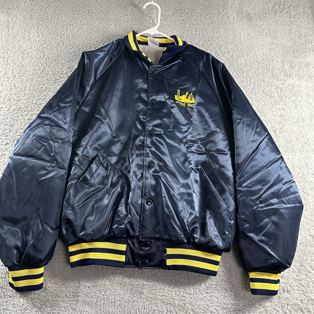 VINTAGE Satin Varsity Bomber Jacket Mens Large Blue Made‎ in USA ATCO Inc